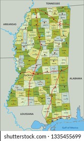 Highly detailed editable political map with separated layers. Mississippi
