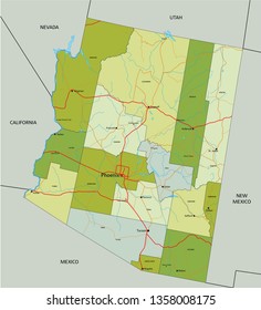 Highly detailed editable political map with separated layers. Arizona.