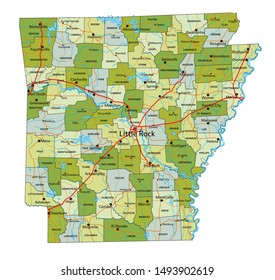 Highly detailed editable political map with separated layers. Arkansas.