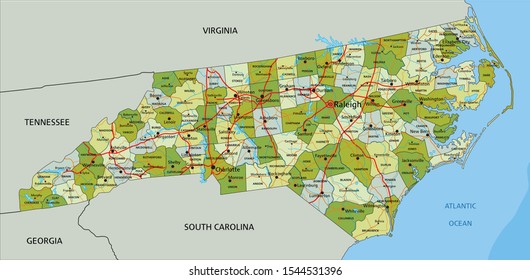 Highly detailed editable political map with separated layers. North Carolina.