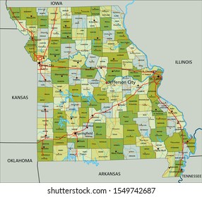 Highly detailed editable political map with separated layers. Missouri.