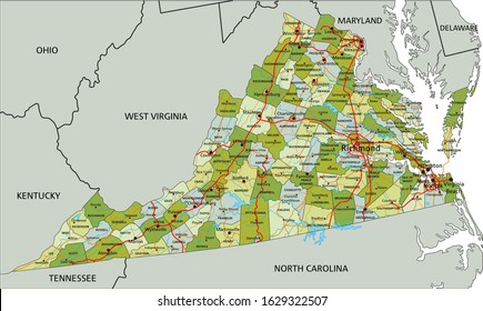 Highly detailed editable political map with separated layers. Virginia.