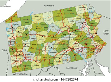 Highly detailed editable political map with separated layers. Pennsylvania.