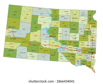 Highly detailed editable political map with separated layers. South Dakota.