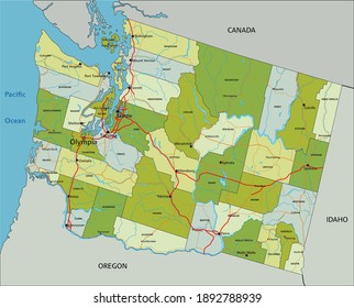 Highly detailed editable political map with separated layers. Washington.