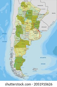 Highly detailed editable political map with separated layers. Argentina.