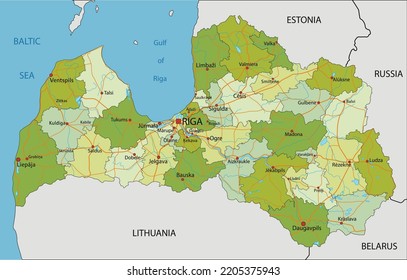 Highly detailed editable political map with separated layers. Latvia.