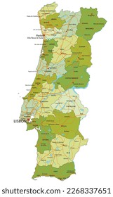 Mapa político altamente editable con capas separadas. Portugal.