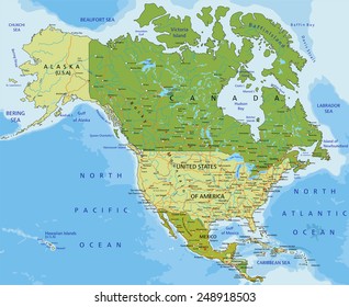 Mapa político altamente editable con capas separadas. América del Norte y Centroamérica.