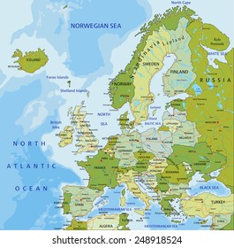 Highly detailed editable political map with separated layers. Europe.