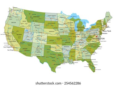 Highly detailed editable political map with separated layers. United States of America.