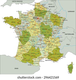 Highly detailed editable political map with separated layers. France.