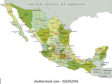 Highly detailed editable political map with separated layers. Mexico.