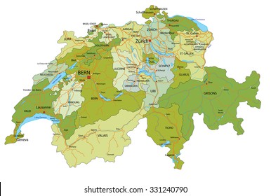 Highly detailed, editable political map with separated layers. Switzerland.