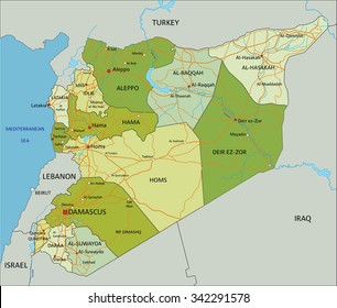 Highly detailed editable political map with separated layers. Syria.