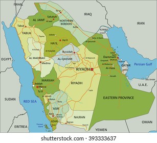 Highly detailed editable political map with separated layers. Saudi Arabia.