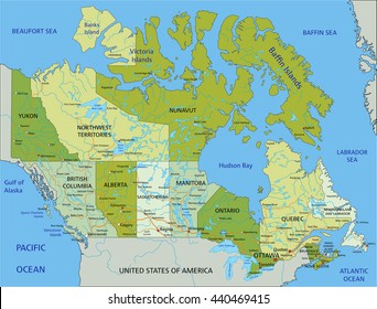 Highly detailed editable political map with separated layers. Canada.