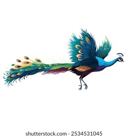 Una Ilustración vectorial altamente detallada y editable de un pavo real volador colorido, perfecto para la marca, materiales educativos o diseños personalizados. Fácilmente personalizable para varios proyectos creativos.