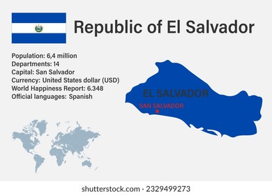 Highly detailed El Salvador map with flag, capital and small map of the world