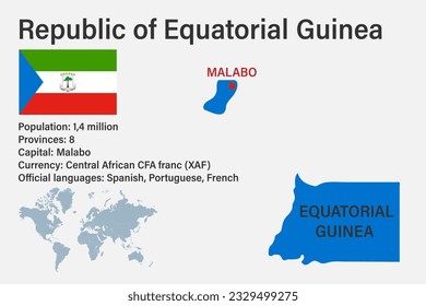 Highly detailed Equatorial Guinea map with flag, capital and small map of the world