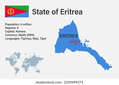 Highly detailed Eritrea map with flag, capital and small map of the world