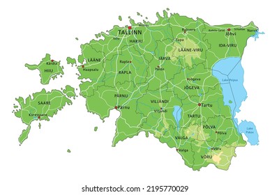 Highly detailed Estonia physical map with labeling.