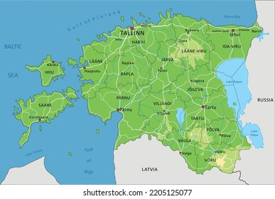 Highly detailed Estonia physical map with labeling.