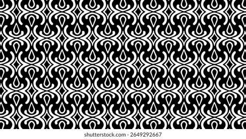 Highly detailed ethnic seamless pattern with mirrored lines and ornamental complexity, forming a textured black and white design.