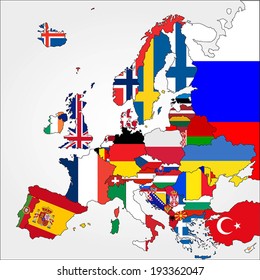 Highly Detailed Europe Map With Country Flags.