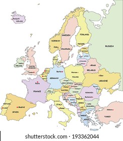 Highly Detailed Europe Political Map With Country And Capitals Name.