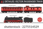 Highly detailed flat vector illustration of a set of generic passenger train parts with late steam era style. 4 unique pieces of equipment. Graphical resources.