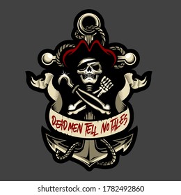 A highly detailed flat vector illustration of a pirate skull wearing a tricorne hat and eyepatch, set against a large ship anchor with coiled rope. The design features a hook hand, crossed bones, and a ribbon banner reading DEAD MEN TELL NO TALES in a classic cream, red, and black color palette. Perfect for tattoo art, nautical branding, and apparel design.