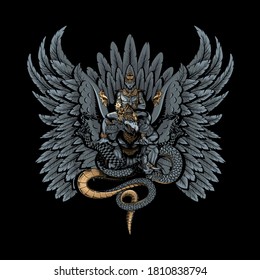 A highly detailed flat vector illustration of the Balinese Garuda Wisnu Kencana (GWK). This symbolic design features the Hindu god Lord Vishnu riding the majestic mythical bird Garuda, who is depicted with powerful outspread wings. The illustration captures the spiritual battle of good over evil, showing Garuda firmly clutching a giant serpent or Naga in his talons, representing the triumph over sin and wickedness. Rendered in a sophisticated palette of grey, gold, and tan on a black background, it is ideal for luxury cultural branding and Indonesian heritage themes.
