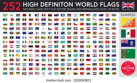 Highly detailed flat vector illustration of a set of 252 flags of the world with names and meticulously crafted emblems. Correct aspect ratios.