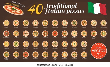 Highly Detailed Flat Vector Illustration Of A Set Of 40 Traditional Italian Pizza Types. Over 55 Different Toppings. Well Organized Layers For Easier Customization.