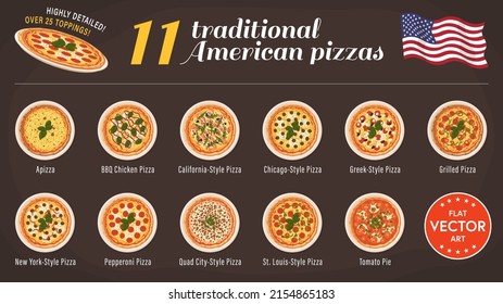 Highly Detailed Flat Vector Illustration Of A Set Of 11 Traditional American Pizza Types. Over 25 Different Toppings. Well Organized Layers For Easier Customization.