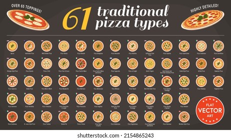 Highly Detailed Flat Vector Illustration Of A Set Of 61 Traditional Pizza Types From Around The World. Over 65 Different Toppings. Well Organized Layers For Easier Customization.