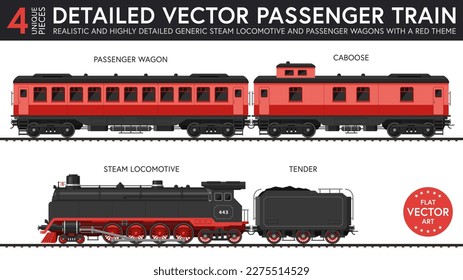 Highly detailed flat vector illustration of a set of generic passenger train parts with late steam era style. 4 unique pieces of equipment. Graphical resources.