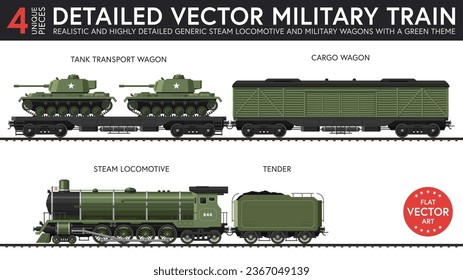 Highly detailed flat vector illustration of a set of generic military transport train parts with late steam era style. 4 unique pieces of equipment. Graphical resources.