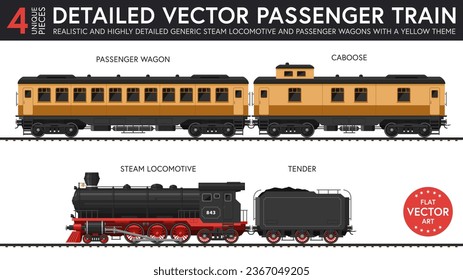 Highly detailed flat vector illustration of a set of generic passenger train parts with late steam era style. 4 unique pieces of equipment. Graphical resources.