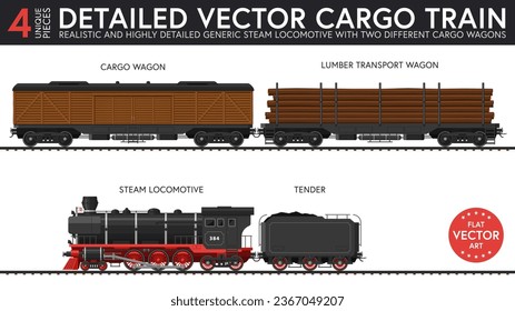 Highly detailed flat vector illustration of a set of generic cargo train parts with late steam era style. 4 unique pieces of equipment. Graphical resources.