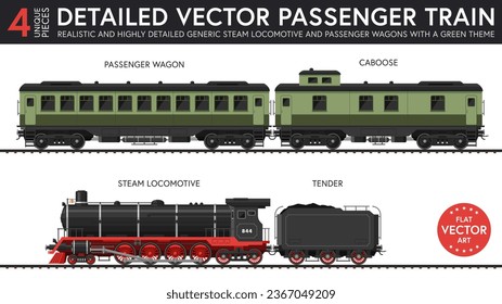 Highly detailed flat vector illustration of a set of generic passenger train parts with late steam era style. 4 unique pieces of equipment. Graphical resources.