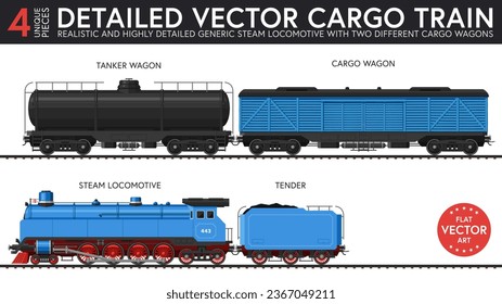 Highly detailed flat vector illustration of a set of generic cargo train parts with late steam era style. 4 unique pieces of equipment. Graphical resources.