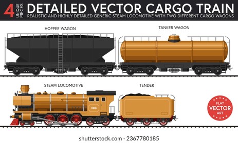 Highly detailed flat vector illustration of a set of generic cargo train parts with late steam era style. 4 unique pieces of equipment. Graphical resources.