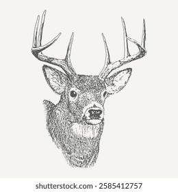 Highly detailed front-facing deer portrait with symmetrical antlers, vintage-style hand-drawn engraving.