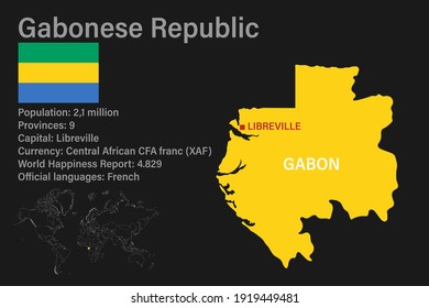 Highly detailed Gabon map with flag, capital and small map of the world