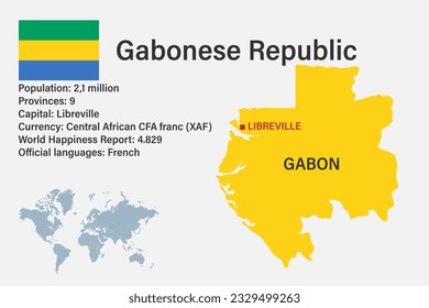 Mapa de Gabón muy detallado con bandera, capital y pequeño mapa del mundo