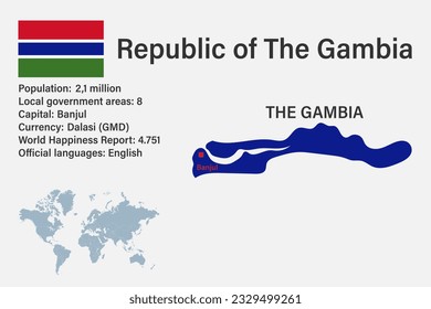 Highly detailed Gambia map with flag, capital and small map of the world