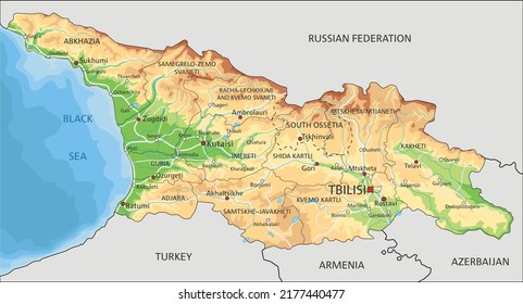 Highly detailed Georgia physical map with labeling.