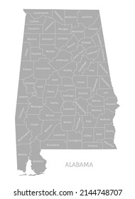 Highly detailed gray map of Alabama state, USA. Administrative map of Alabama with territory borders and names of departments vector illustration isolated on white background
